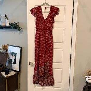 Red floor length floral wrap dress